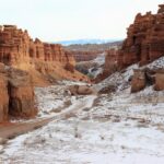 A snow-dusted Charyn Canyon in Kazakhstan during winter, featuring stunning red rock formations and a winding path through the canyon.